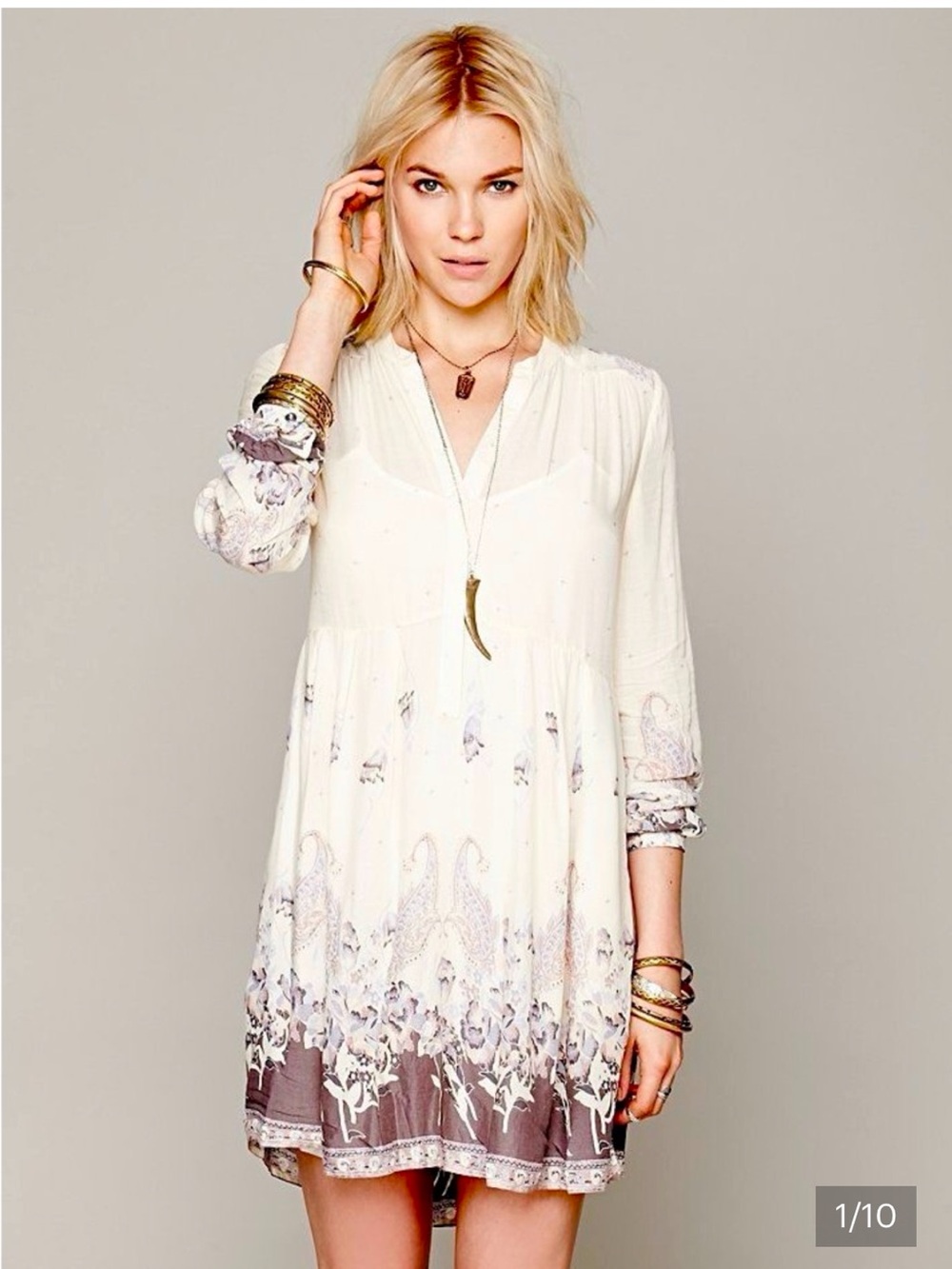 Free People Sierra Valley Shirt Dress in a Cream/Purple Floral Print. Medium